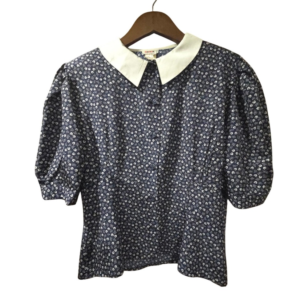 Vintage Rodier Paris Navy Floral Puff Sleeve Button Up Blouse White Collar S EUC